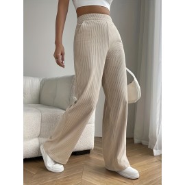 Solid Color Ribbed Casual Pants, Elastic Waist Running Sports Wide Leg Pants, Women's Activewear