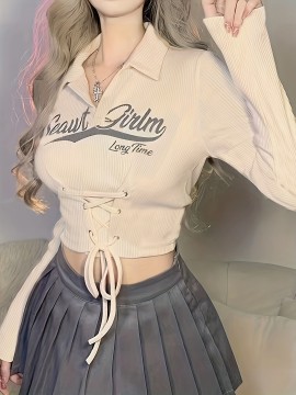 Letter Print Tie Front Collared Crop T-Shirt, Casual Long Sleeve Top For Spring & Fall, Women's Clothing