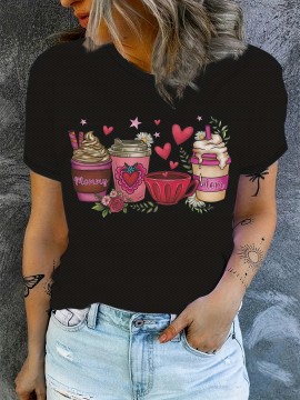 Coffee Print Crew Neck T-shirt, Casual Short Sleeve Top For Spring & Summer, Women's Clothing