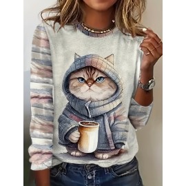 Cat Print Crew Neck T-shirt, Causal Long Sleeve Top For Spring & Fall, Women's Clothing