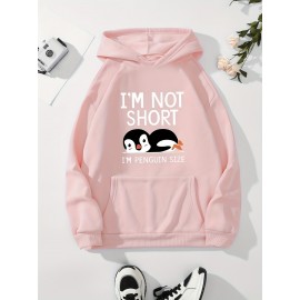 Cute Penguin Print Kangaroo Pocket Hoodie, Casual Long Sleeve Drawstring Hoodies Sweatshirt, Women's Clothing