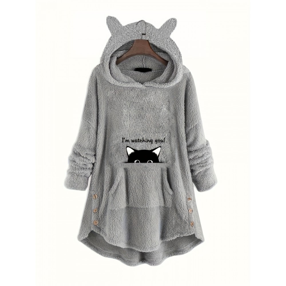 Cute Cat & Warming Letter Print Hoodie, Cute Ear Decor Kangaroo Pocket Plush Asymmetrical Sweatshirt, Women's Clothing