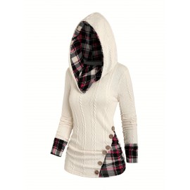 Plaid Splicing Button Decor Cable Hoodie, Casual Long Sleeve Hoodie, Women's Clothing