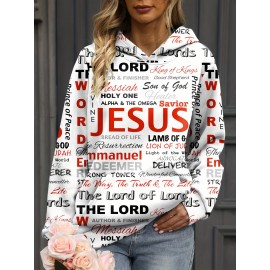 Jesus Letter Print Hoodies, Casual Kangaroo Pocket Long Sleeve Sweatshirt, Women's Clothing