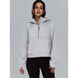 Solid Half Zip Kangaroo Pockets Hoodie, Casual Long Sleeve Hoodie For Spring & Fall, Women's Clothing