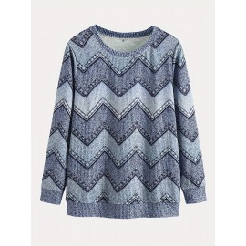 Denim Print Pullover Sweatshirt, Casual Long Sleeve Crew Neck Sweatshirt For Fall & Winter, Women's Clothing