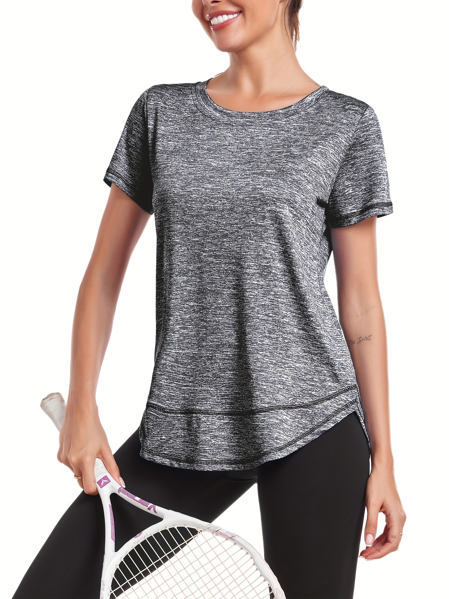 womens short sleeve quick drying workout shirts crew neck sports yoga running split tee womens clothing details 0