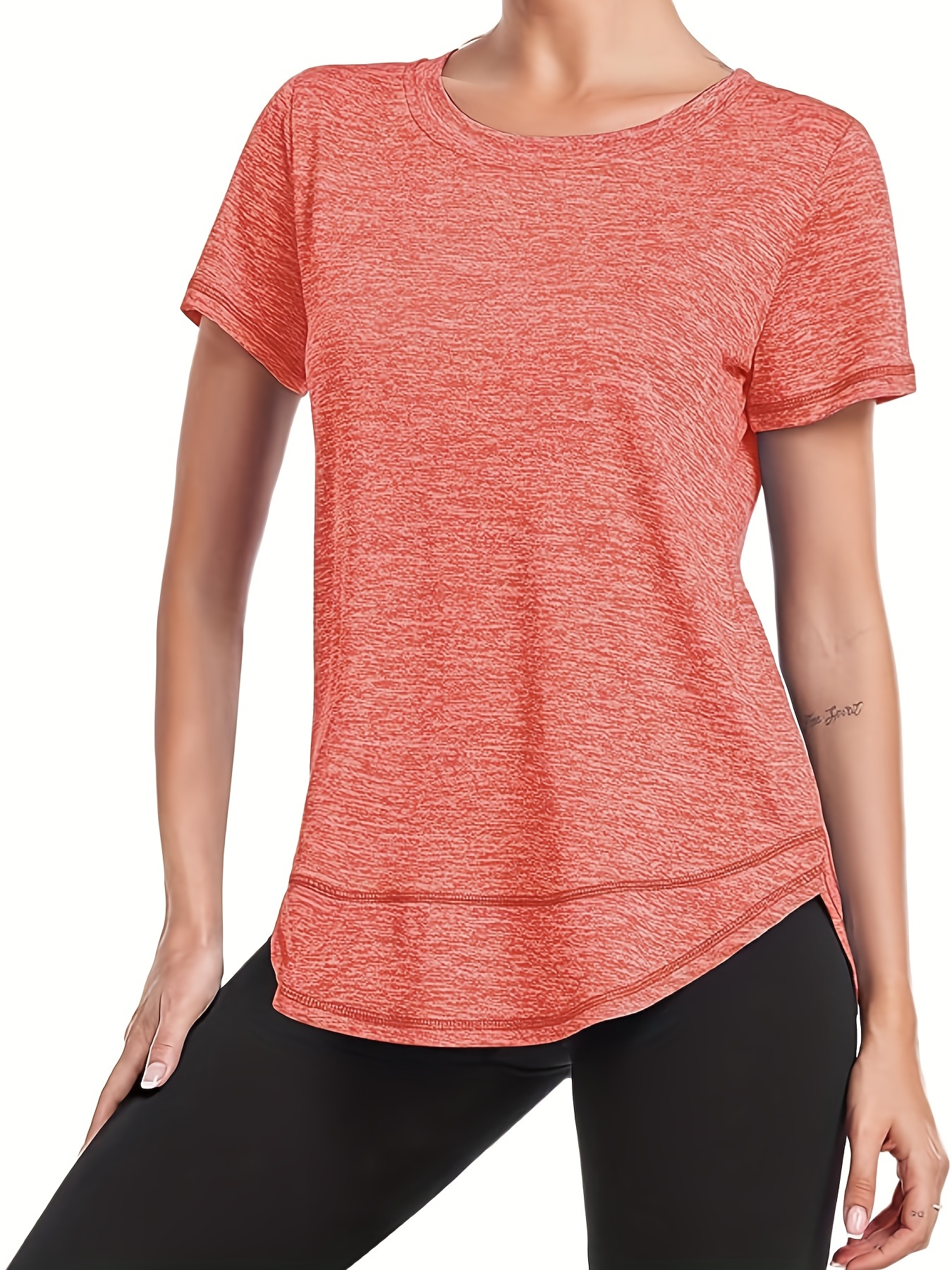 womens short sleeve quick drying workout shirts crew neck sports yoga running split tee womens clothing details 15