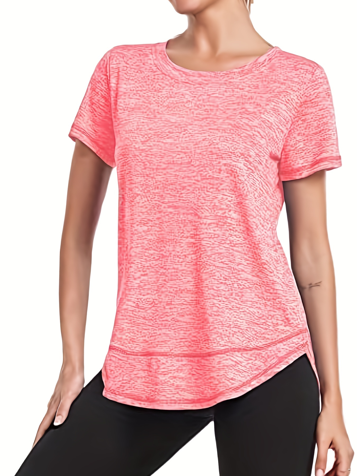 womens short sleeve quick drying workout shirts crew neck sports yoga running split tee womens clothing details 25