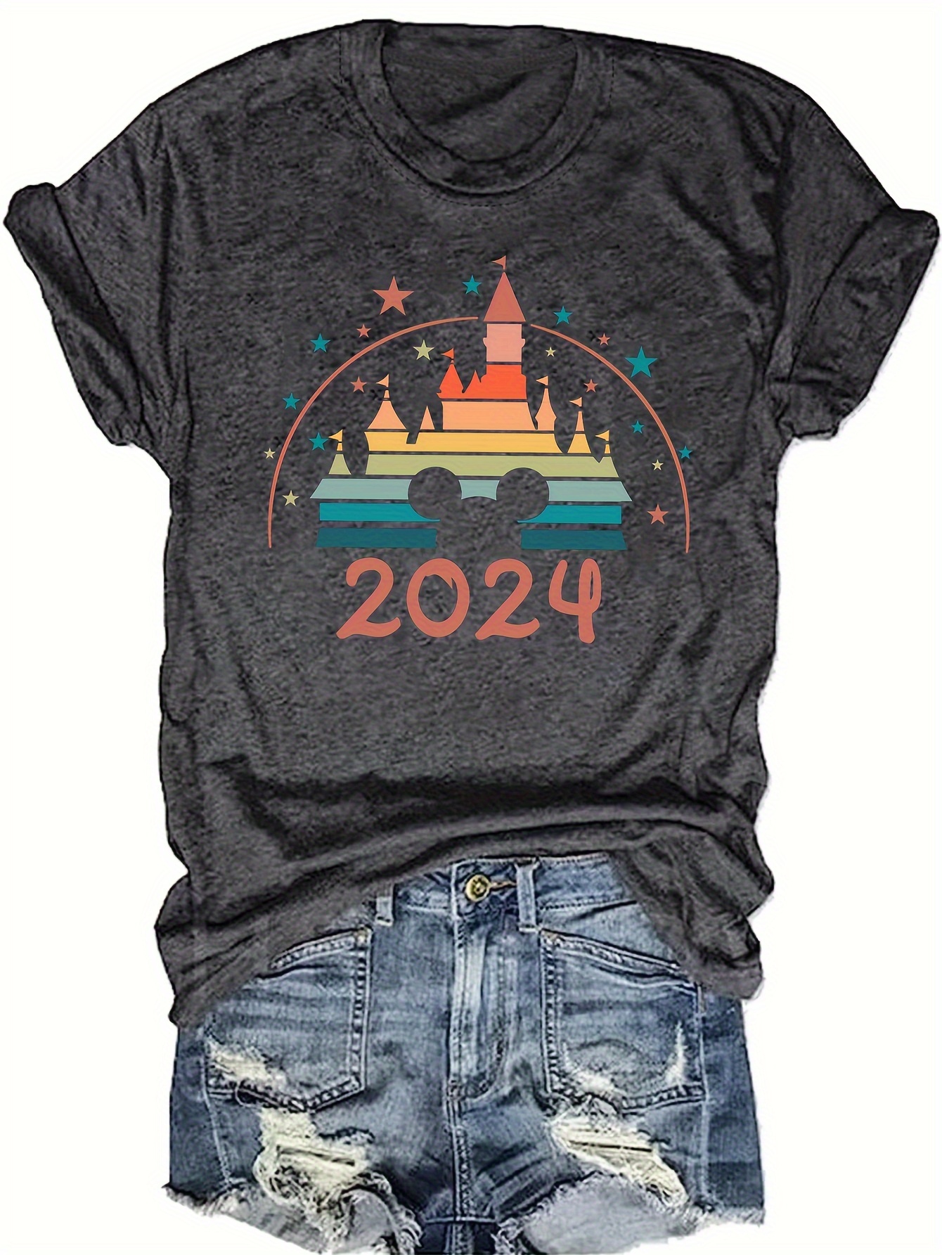 castle 2024 print t shirt casual short sleeve crew neck top for spring summer womens clothing details 1