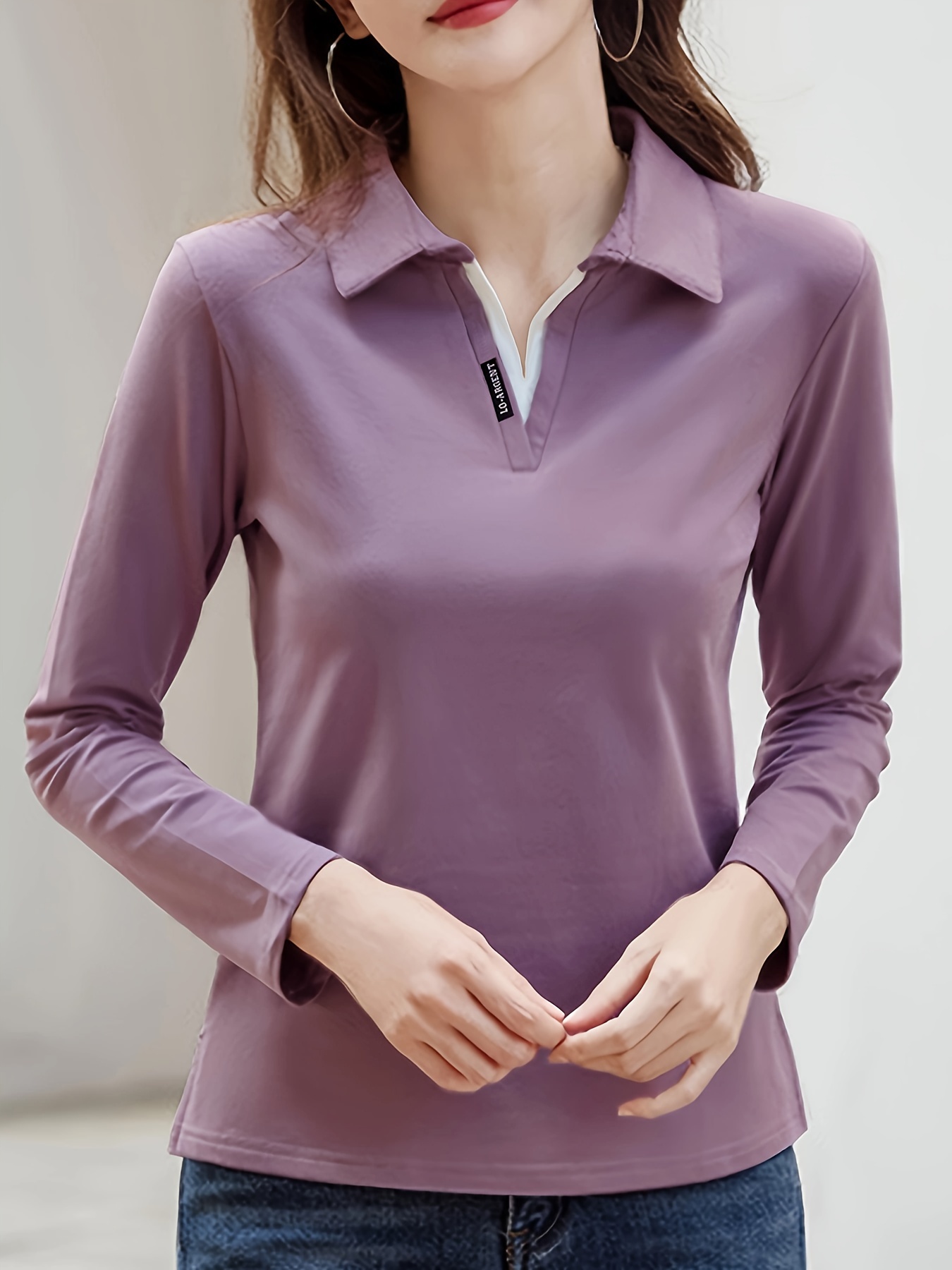 solid polo collar t shirt casual long sleeve top for spring fall womens clothing details 2