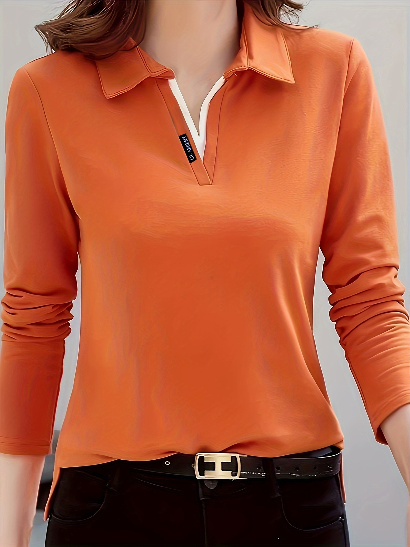 solid polo collar t shirt casual long sleeve top for spring fall womens clothing details 15