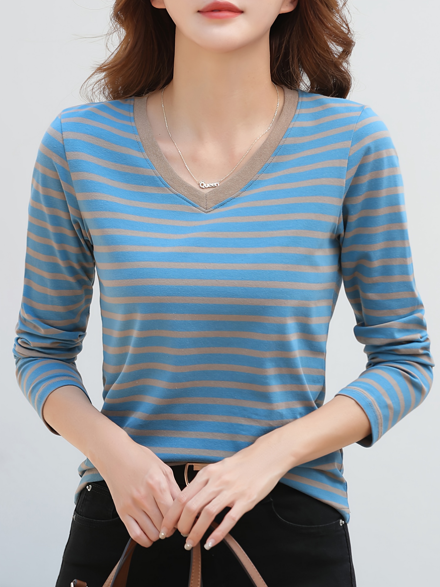 striped long sleeve t shirt v neck casual top for spring fall womens clothing details 8