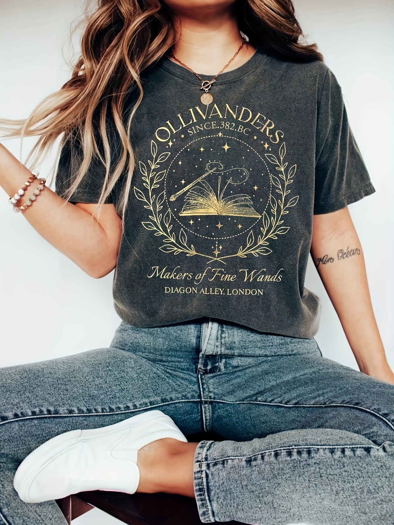 magic book print t shirt, magic book print t shirt casual crew neck short sleeve top for spring summer womens clothing details 1