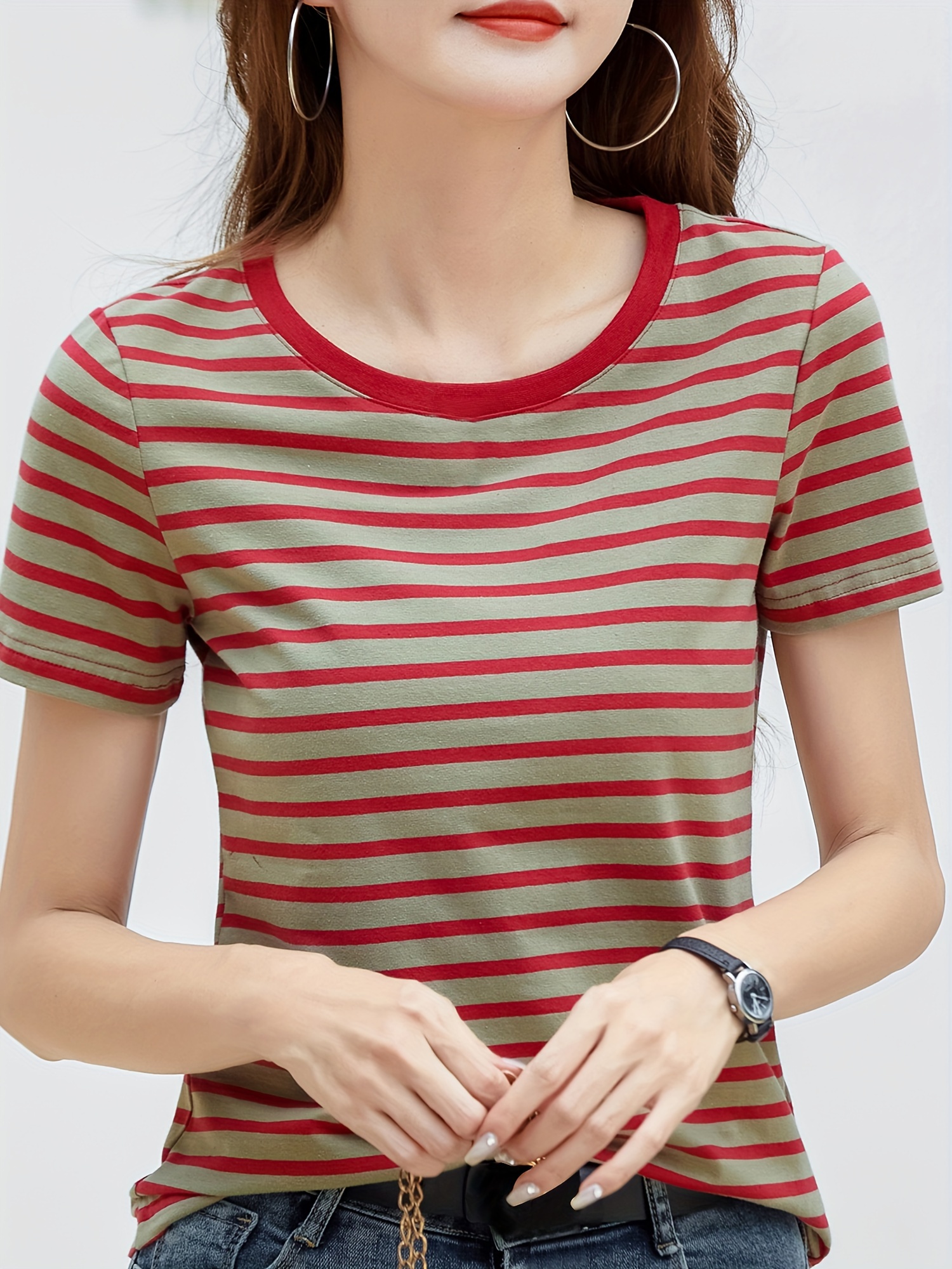 striped print crew neck t shirt casual short sleeve t shirt for spring summer womens clothing details 6