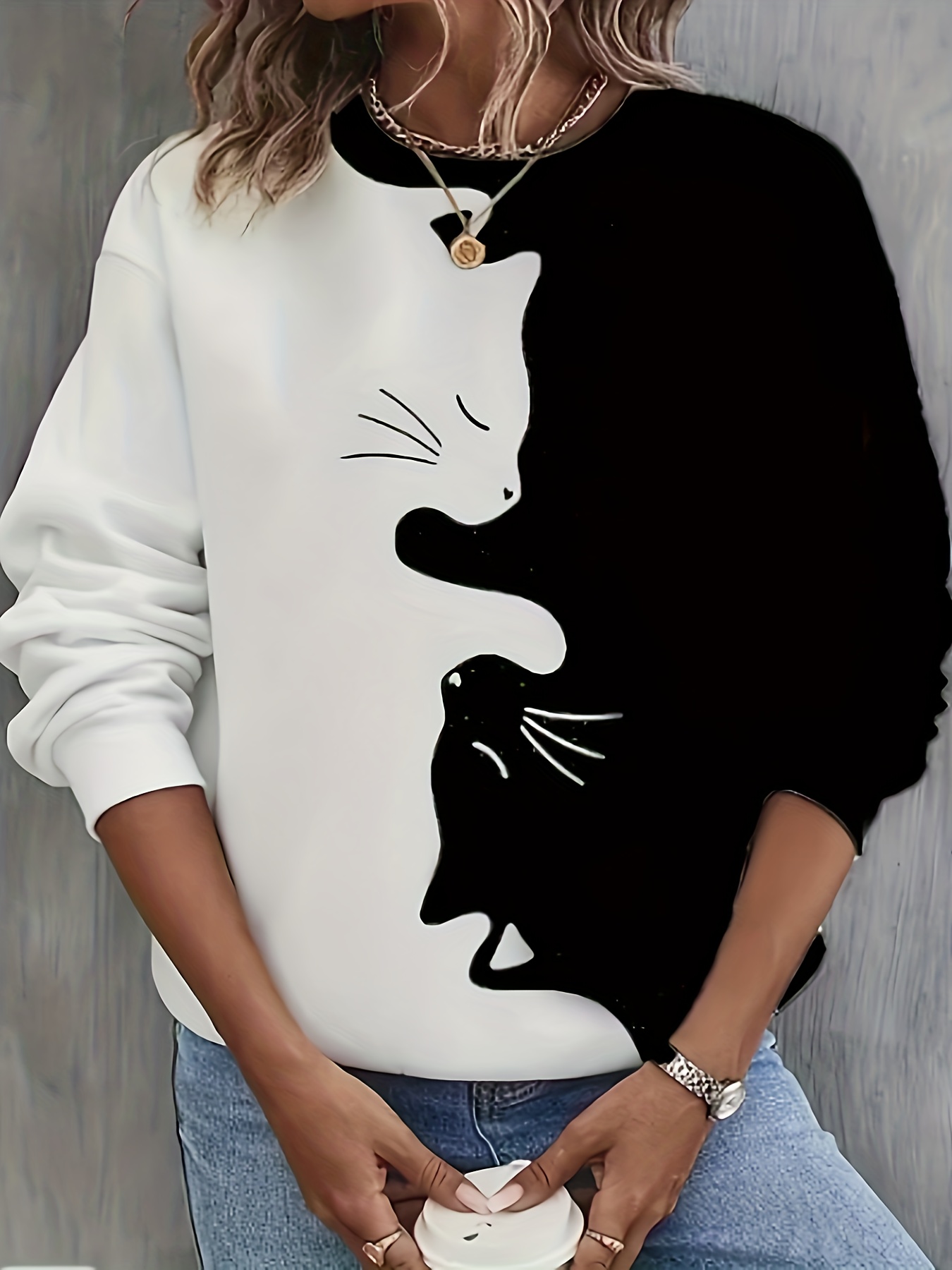 cute cat print crew neck sweatshirt casual long sleeve loose sweatshirt womens clothing details 16