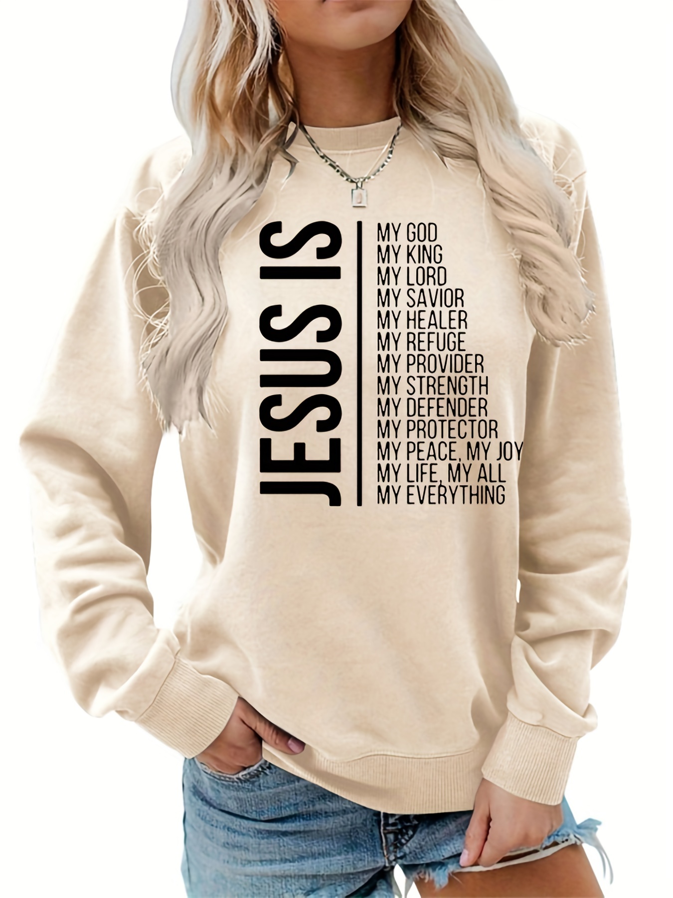 jesus is my everything print sweatshirt casual long sleeve crew neck sweatshirt womens clothing details 10