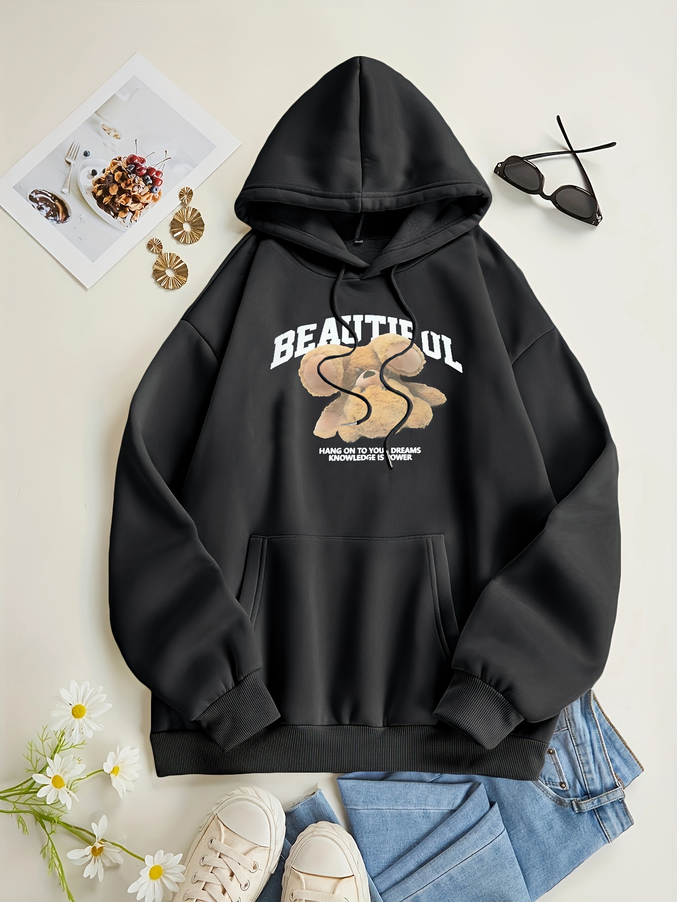 bear print kangaroo pocket hoodie casual long sleeve drawstring hoodies sweatshirt womens clothing details 4