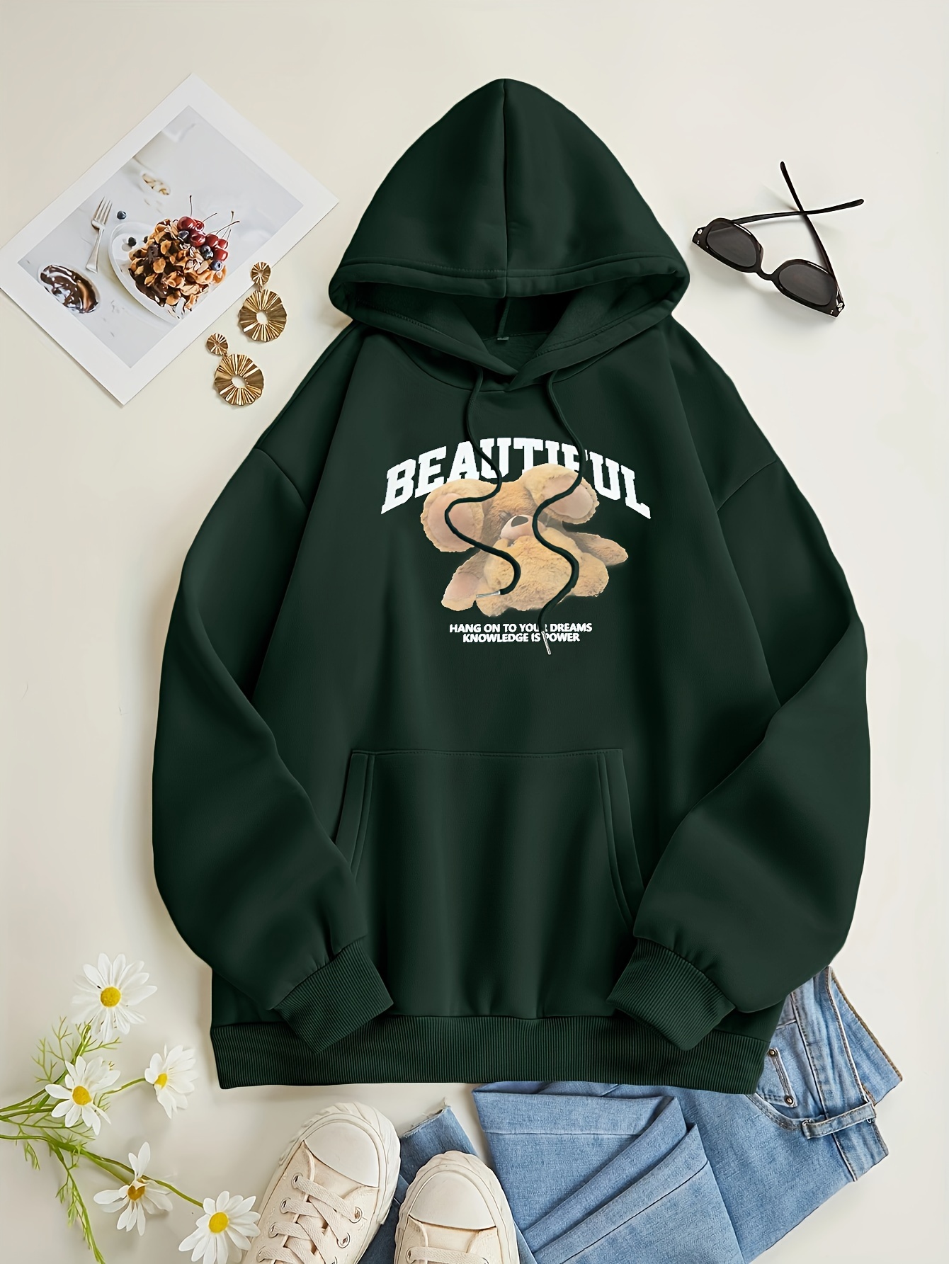 bear print kangaroo pocket hoodie casual long sleeve drawstring hoodies sweatshirt womens clothing details 7