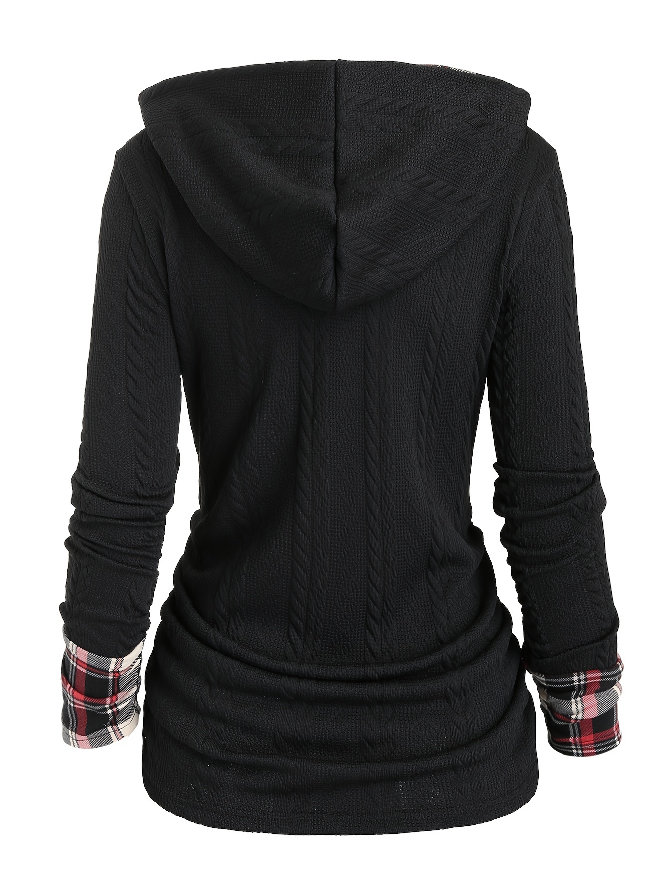 plaid splicing button decor cable hoodie casual long sleeve hoodie womens clothing details 3