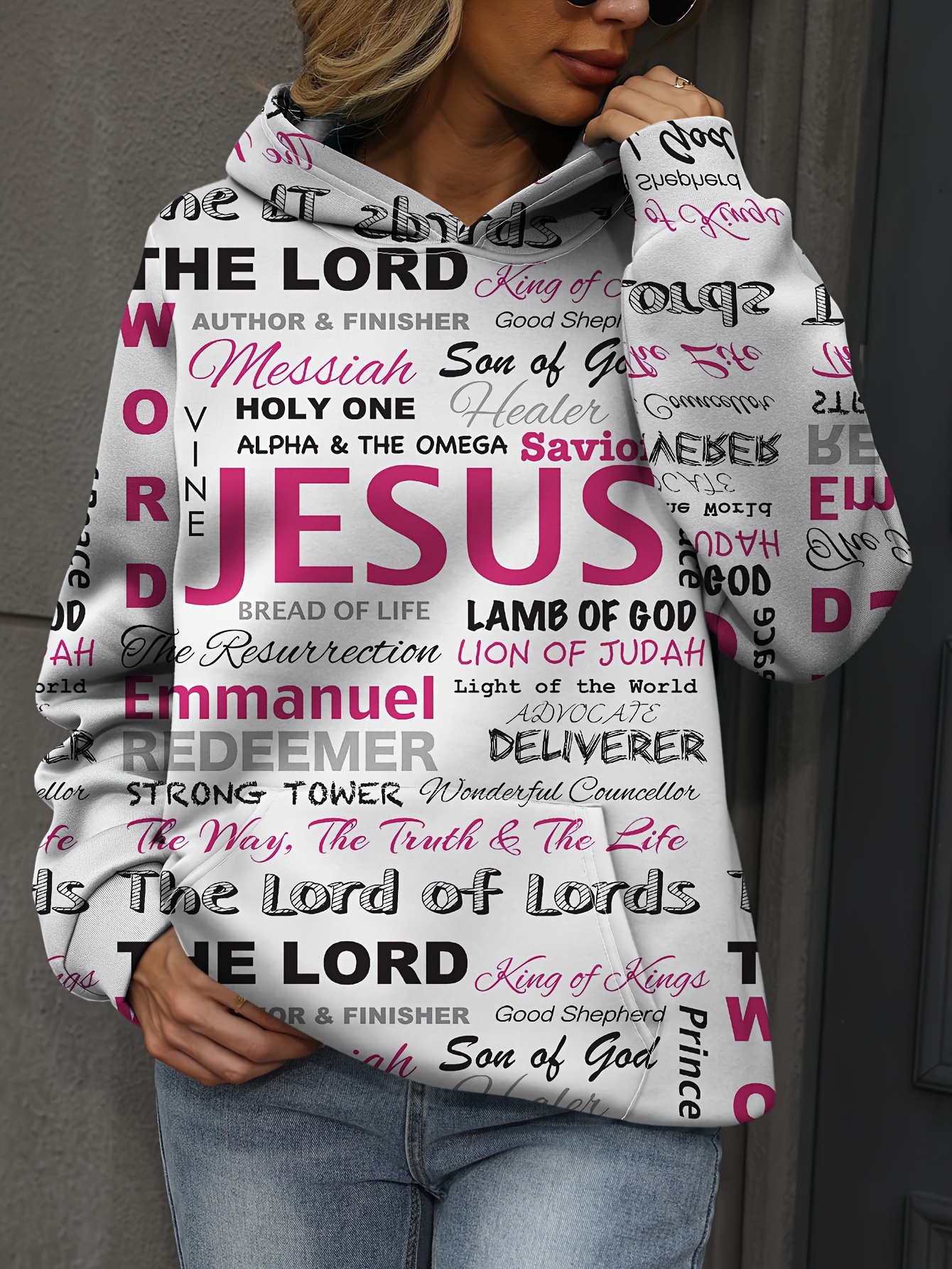 jesus letter print hoodies casual kangaroo pocket long sleeve sweatshirt womens clothing details 13