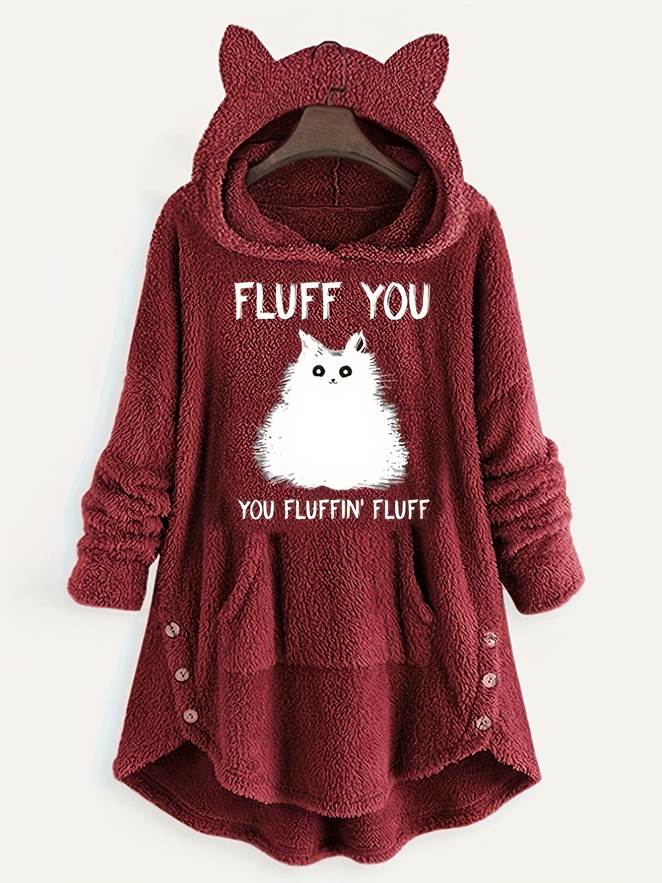 cat letter print button decor teddy hoodie casual long sleeve kangaroo pocket hoodie sweatshirt womens clothing details 0