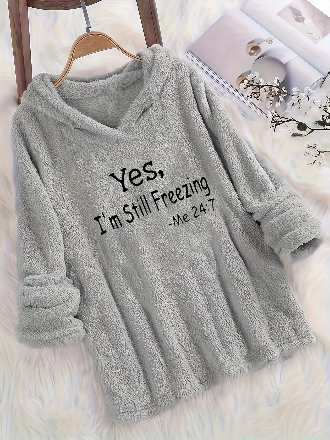 im still freezing letter print fuzzy hoodie casual long sleeve oversized sweatshirt womens clothing details 1