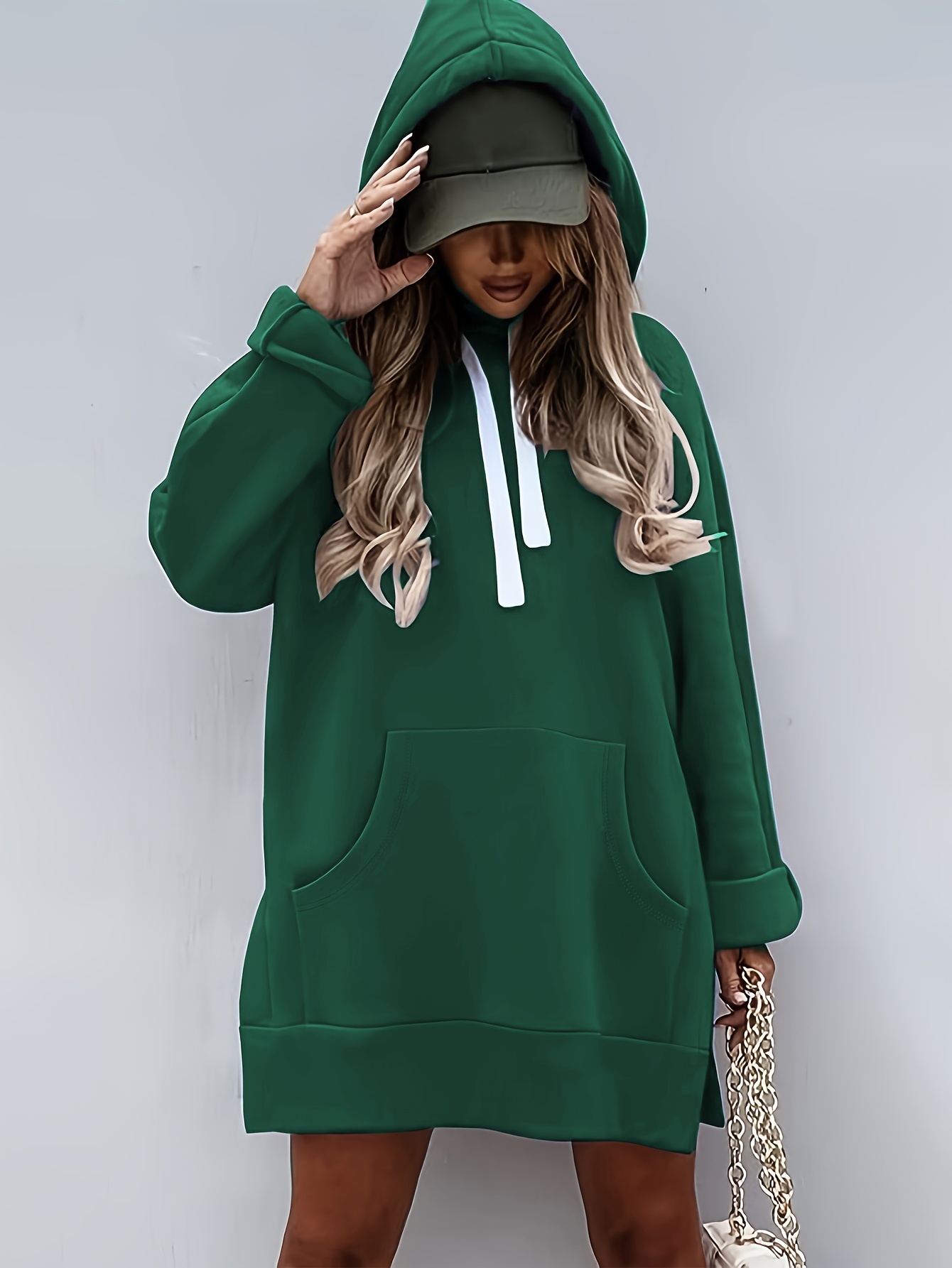 solid kangaroo pocket long length hoodie casual long sleeve drawstring hoodies sweatshirt womens clothing details 9