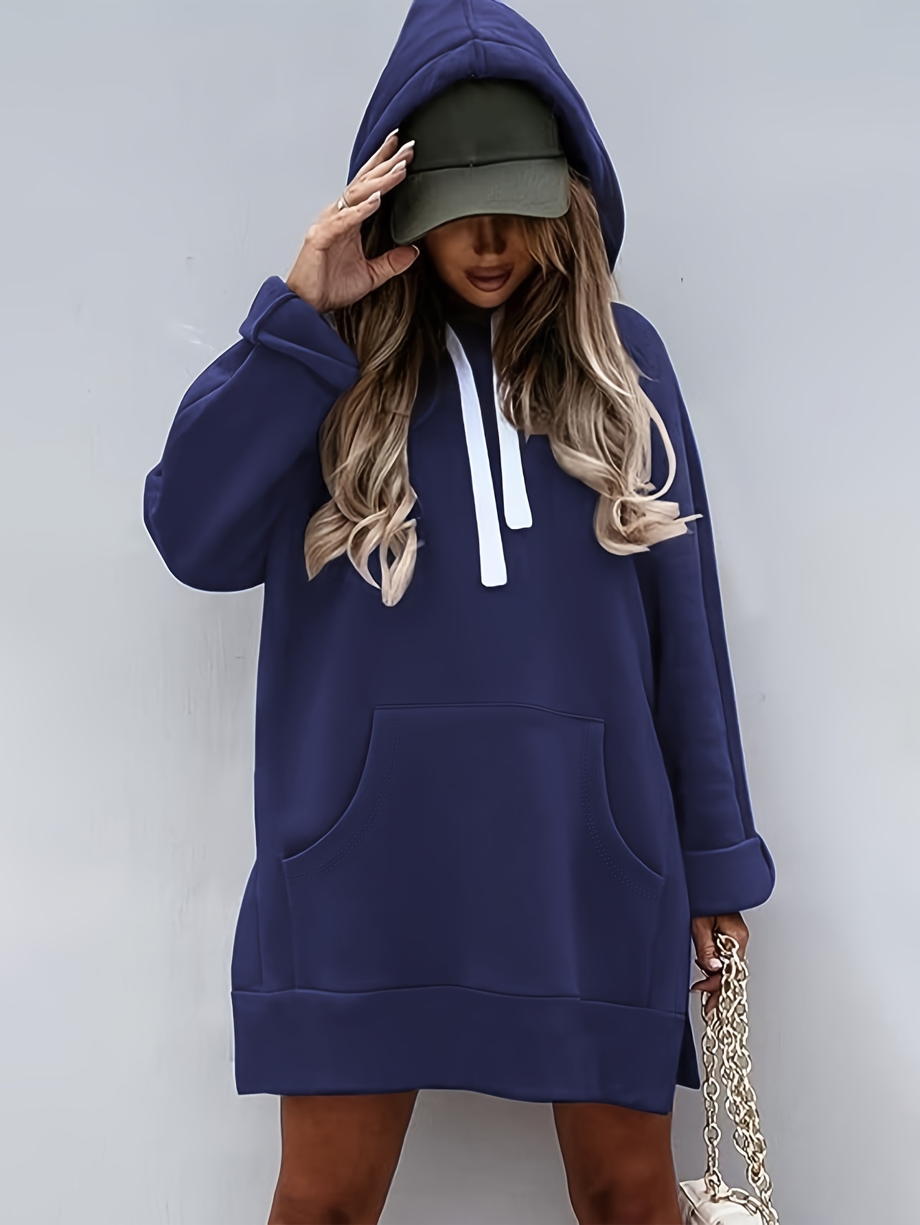 solid kangaroo pocket long length hoodie casual long sleeve drawstring hoodies sweatshirt womens clothing details 19