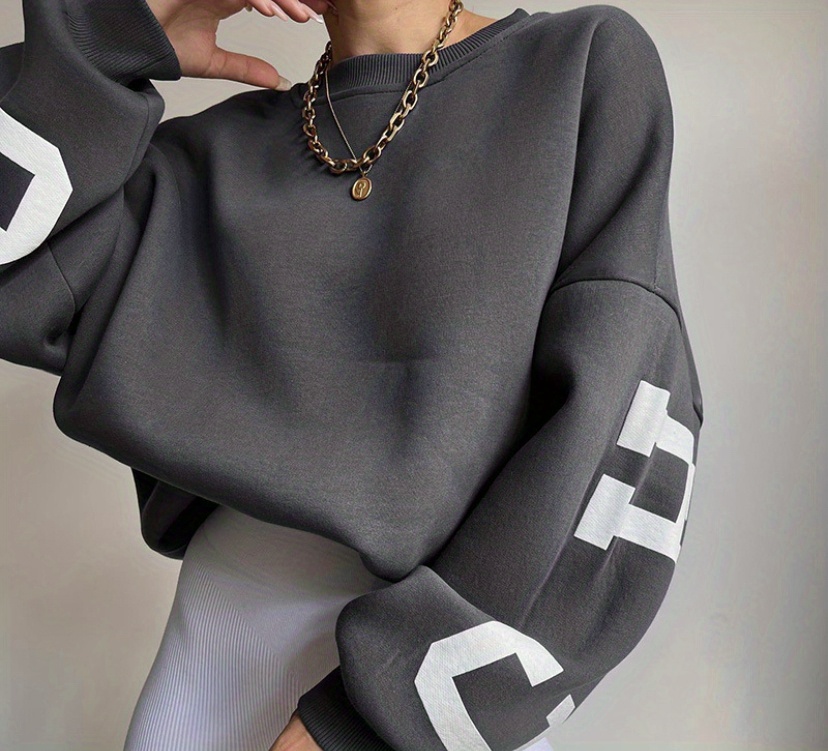 drop shoulder pullover, women oversized thermal letter graphic print sweatshirt aesthetic crew neck long sleeve drop shoulder pullover details 0