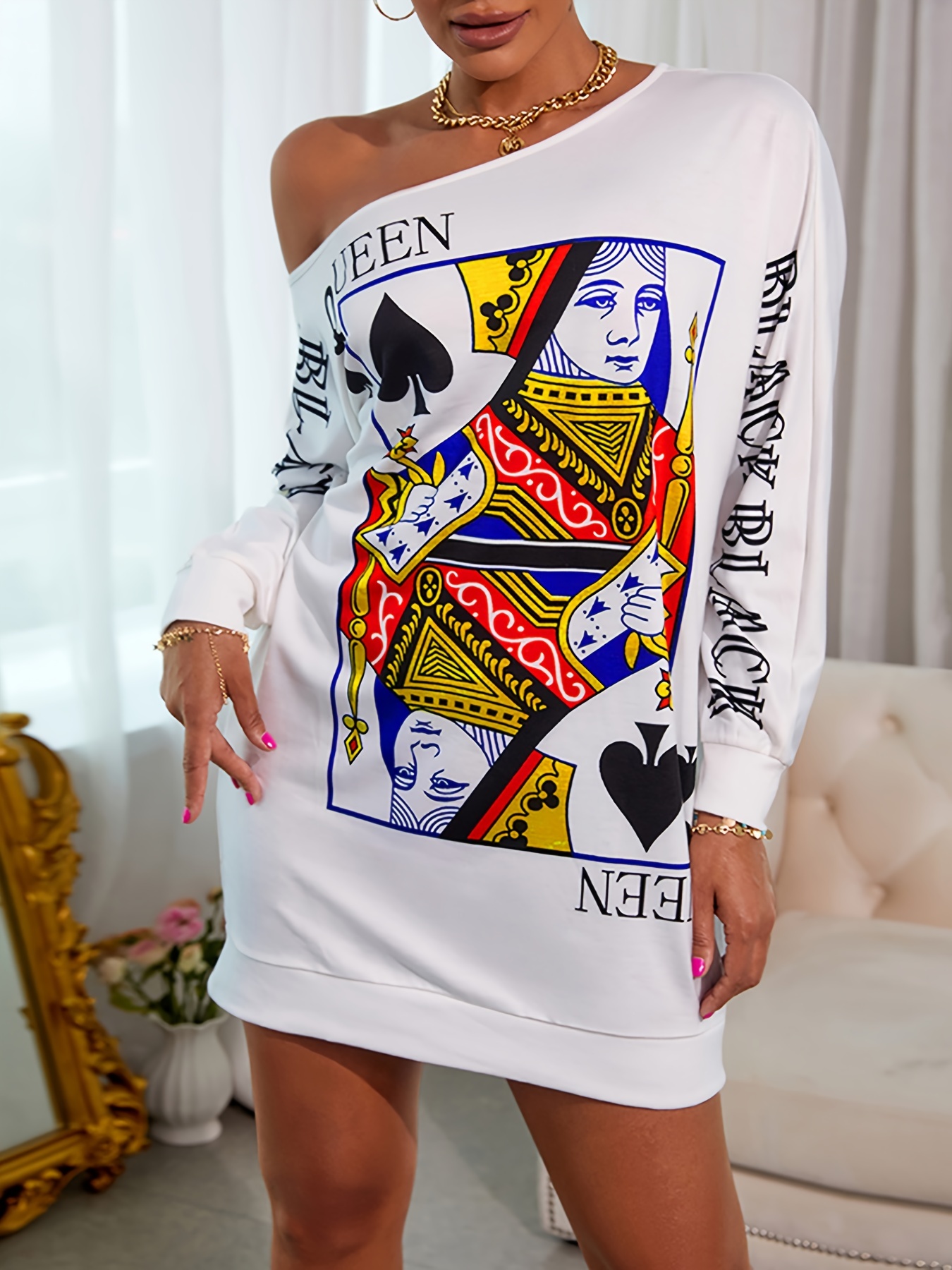 slant shoulder queen poker print dress long sleeve casual dress for fall spring womens clothing details 3