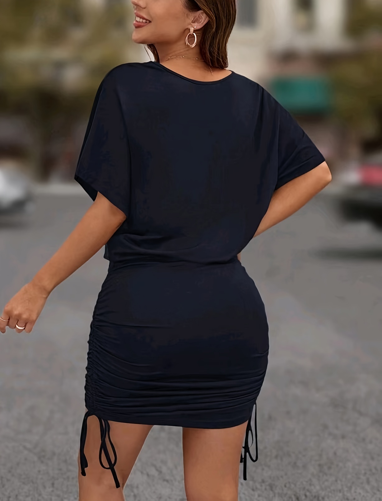 solid bat sleeve drawstring side ruched dress round neck bodycon dresses womens clothing details 3