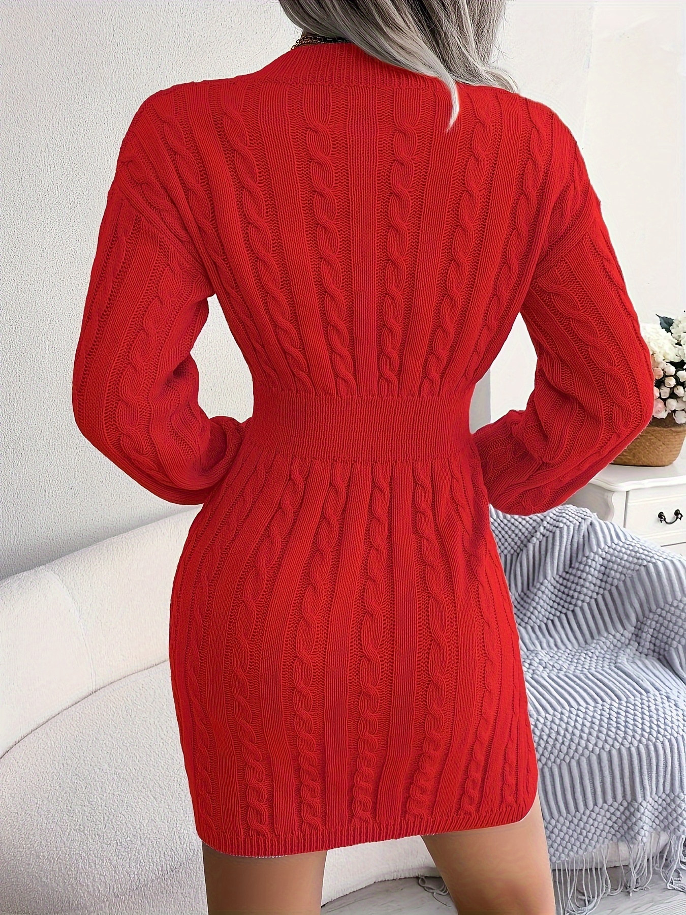 cable knit sweater dress casual v neck long sleeve bag hip dress womens clothing details 3