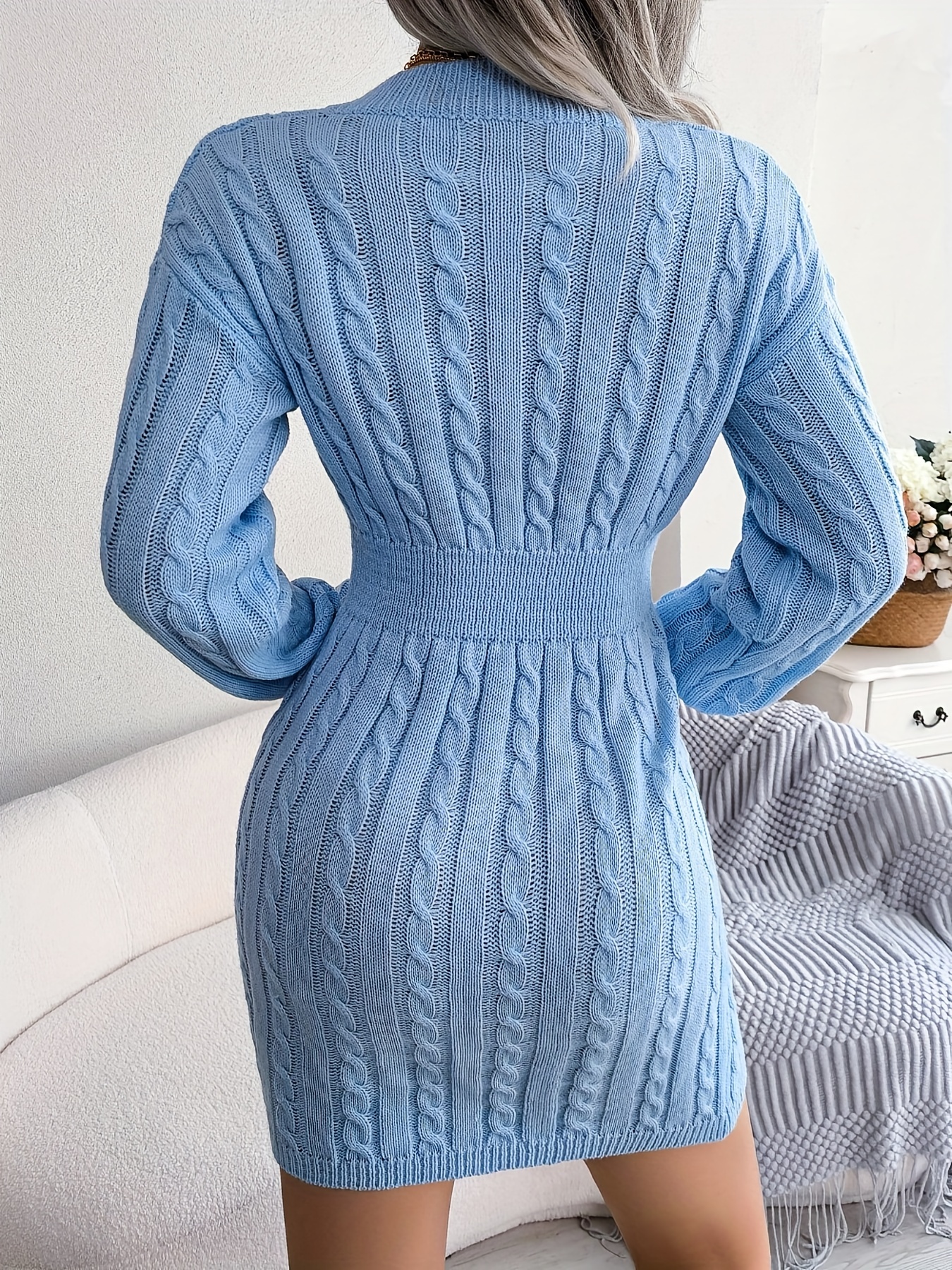 cable knit sweater dress casual v neck long sleeve bag hip dress womens clothing details 11